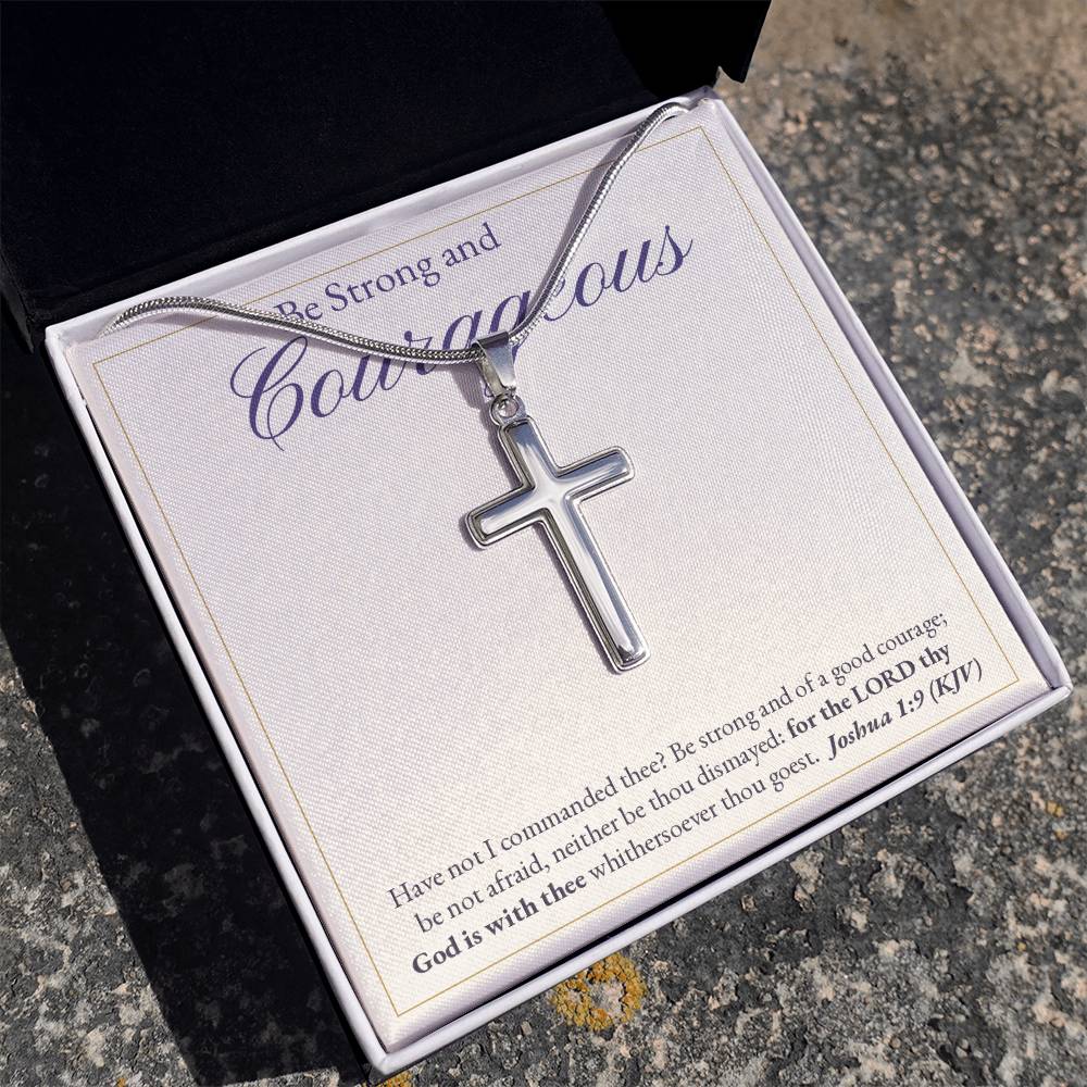 The Life Like Christ cross necklace and Joshua 1:9 card displayed in its open gift box