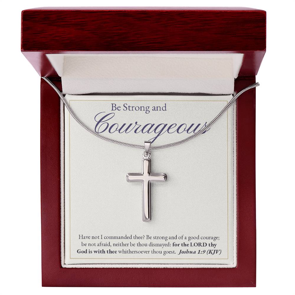 The cross necklace and Joshua 1:9 card in the Luxury LED Gift Box Edition